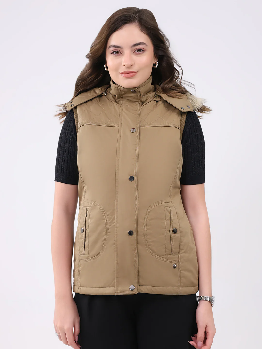 Women Khaki Solid Hooded Sleeveless Jacket