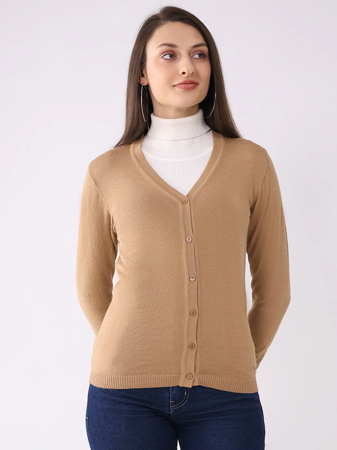 Women Khaki Solid V Neck Full Sleeve Cardigan