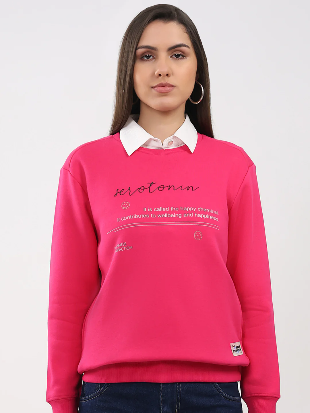 Women Magenta Printed Round Neck Full Sleeve Sweatshirt