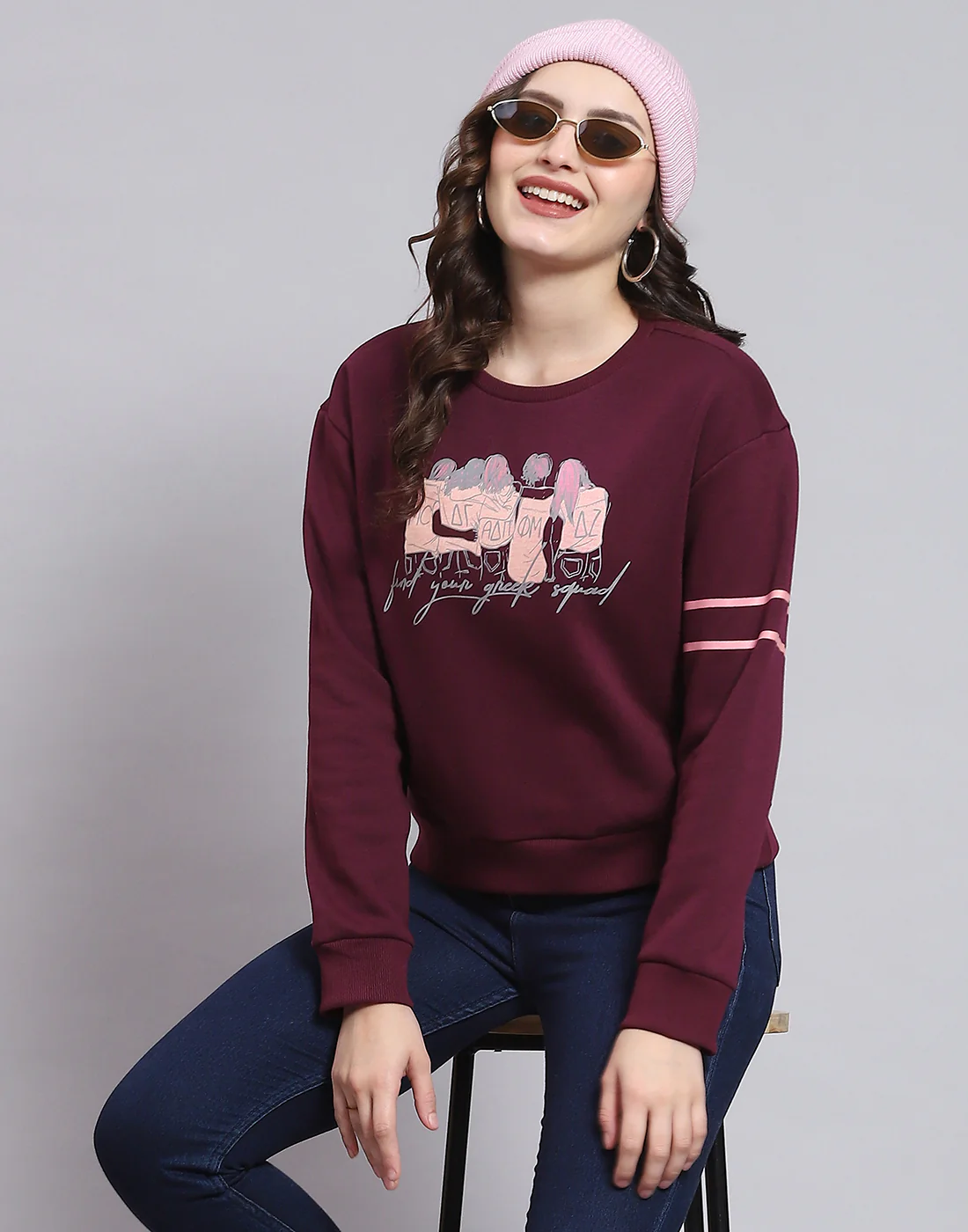 Women Maroon Printed Round Neck Full Sleeve Sweatshirt