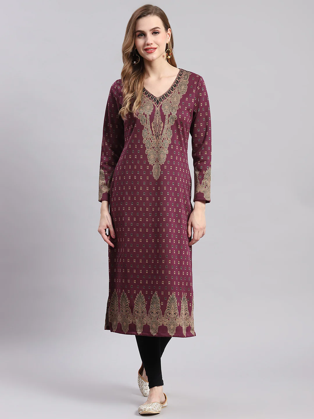 Women Maroon Printed V Neck Full Sleeve Kurtis