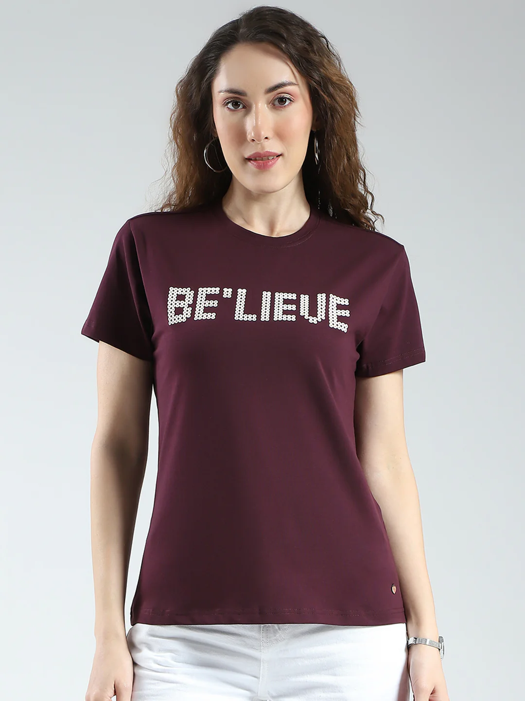 Women Maroon Printed Round Neck Half Sleeve Top