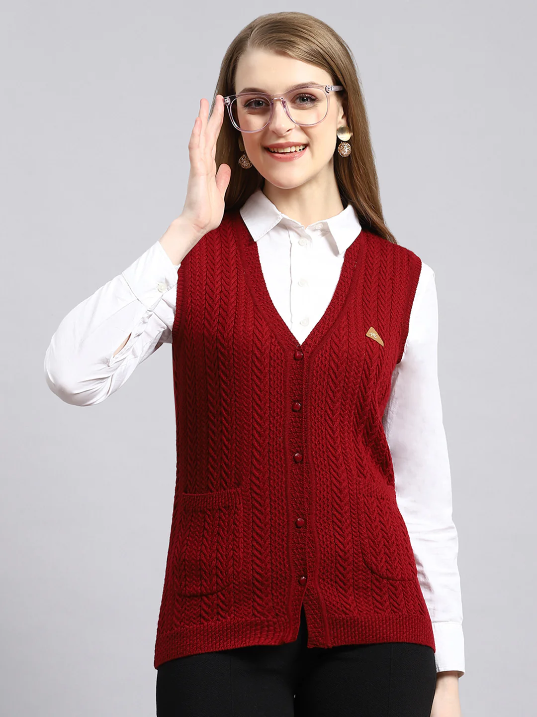 Women Maroon Self Cardigan