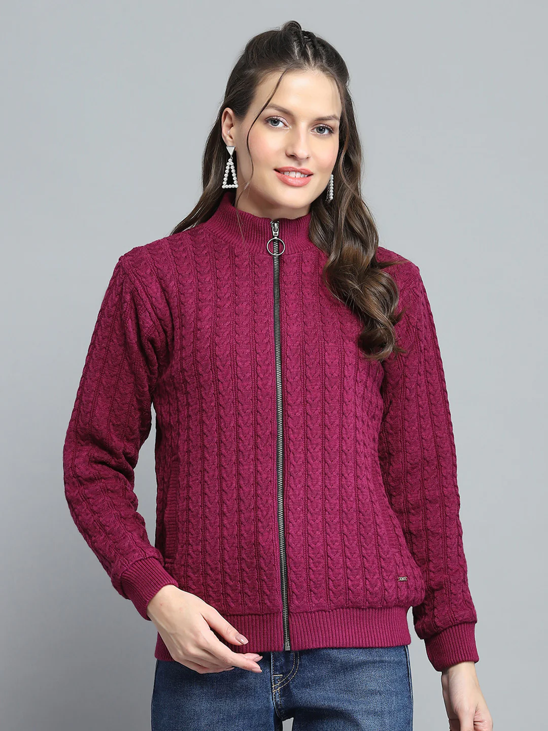 Women Maroon Self Design Mock Neck Full Sleeve Jacket