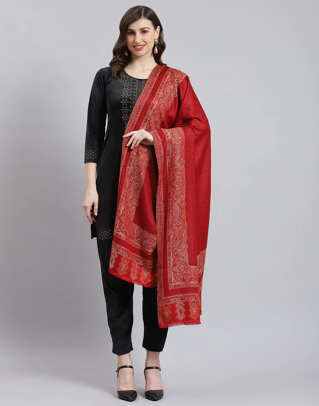 Women Maroon Self Design Shawl - Image 2