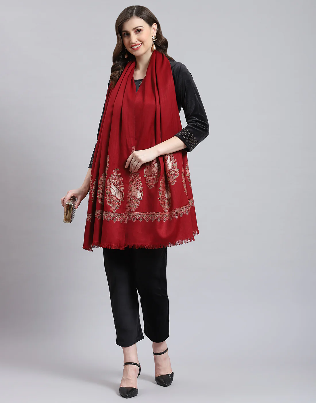 Women Maroon Self Design Stole