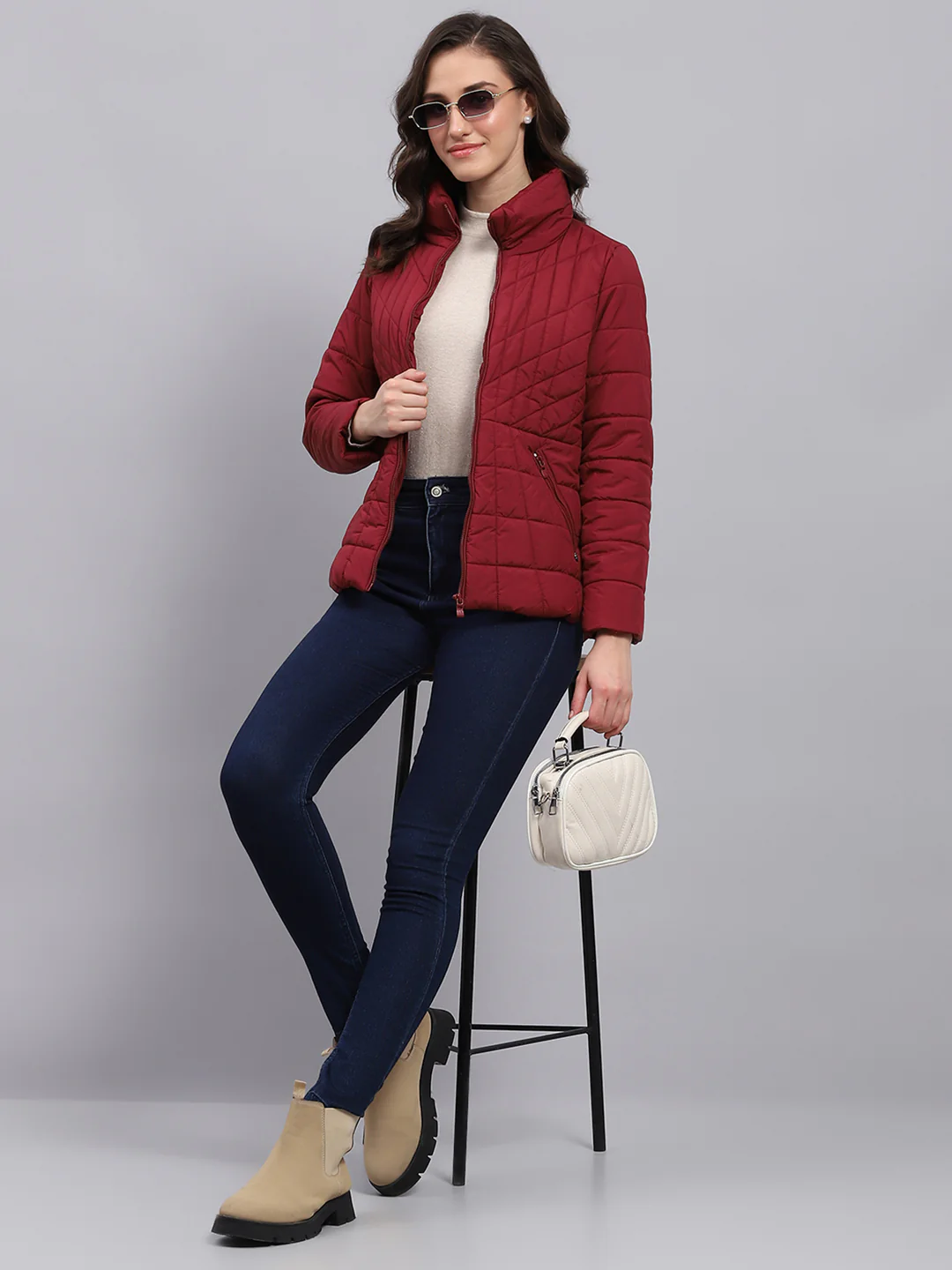 Women Maroon Solid High Neck Full Sleeve Heating Jacket - Image 2