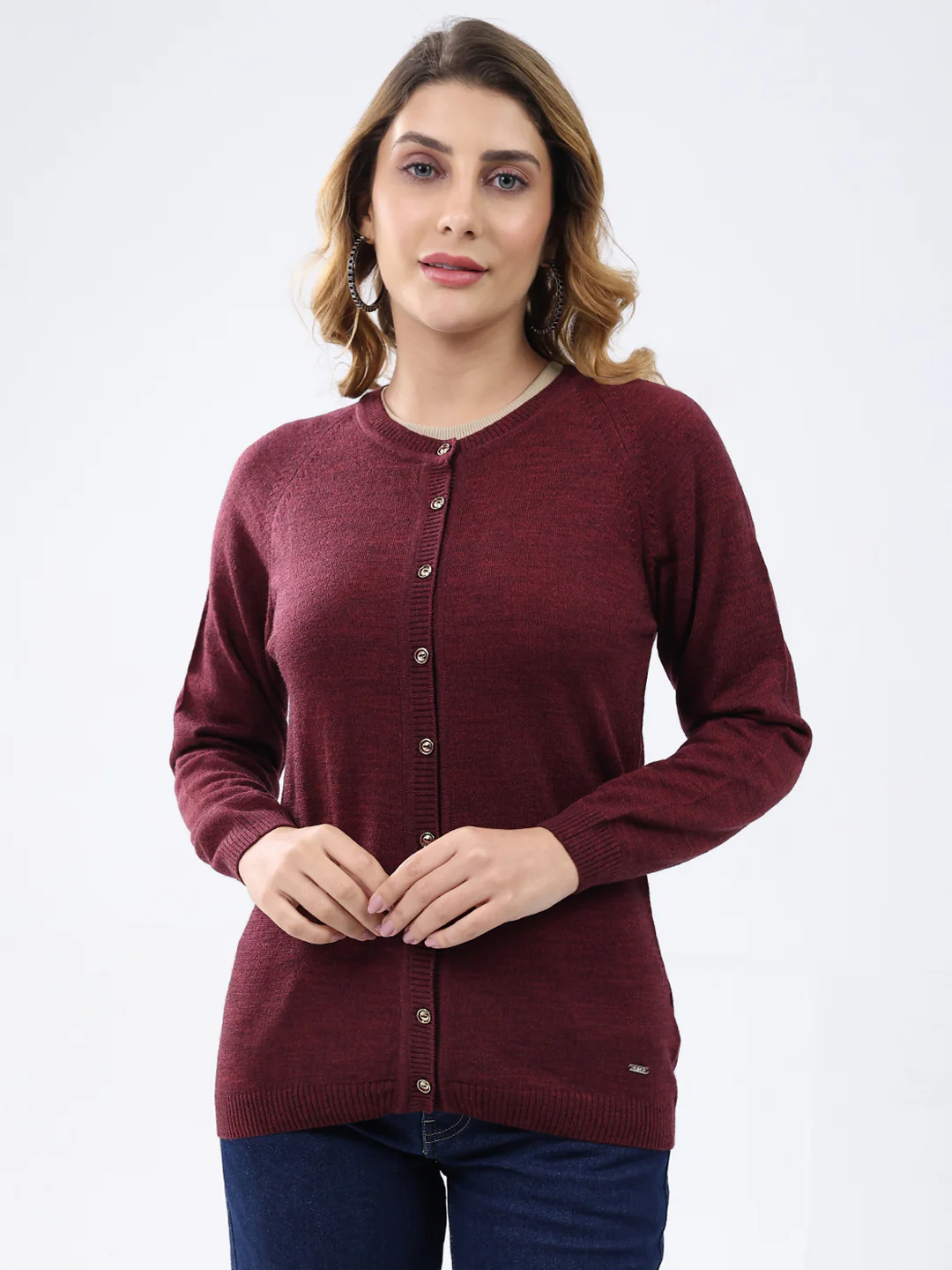 Women Maroon Solid Round Neck Full Sleeve Cardigan