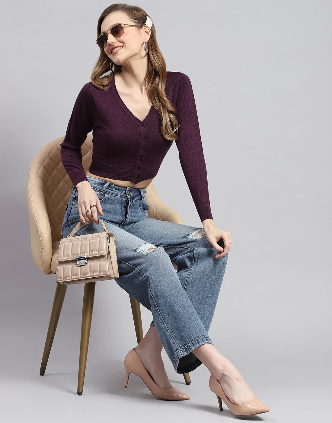 Women Maroon Solid V Neck Full Sleeve Blouse - Image 2