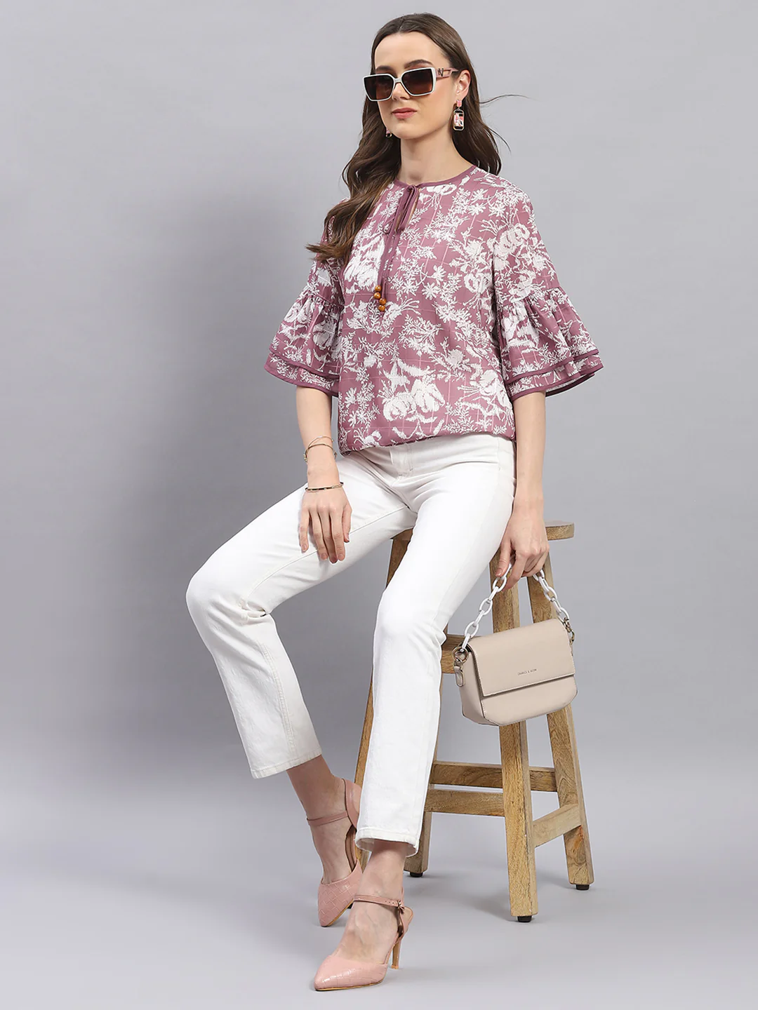 Women Mauve Printed Round Neck 3/4 Sleeve Top