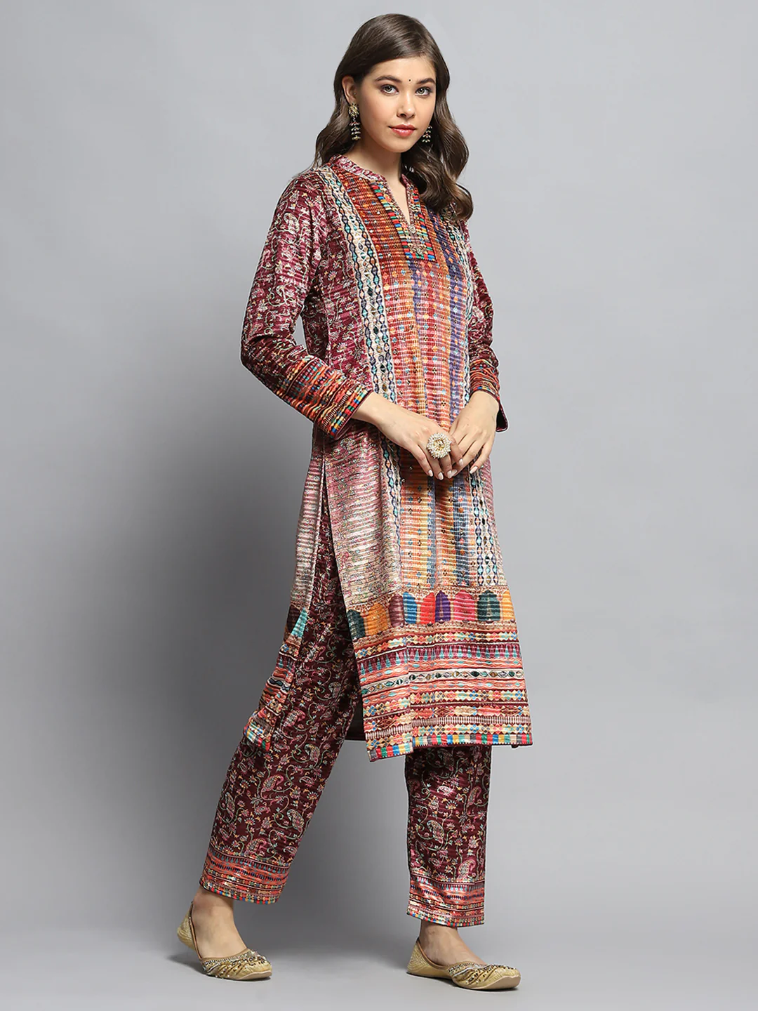 Women Multicolor Self Design Round Neck Full Sleeve Kurti Set with Bag - Image 4