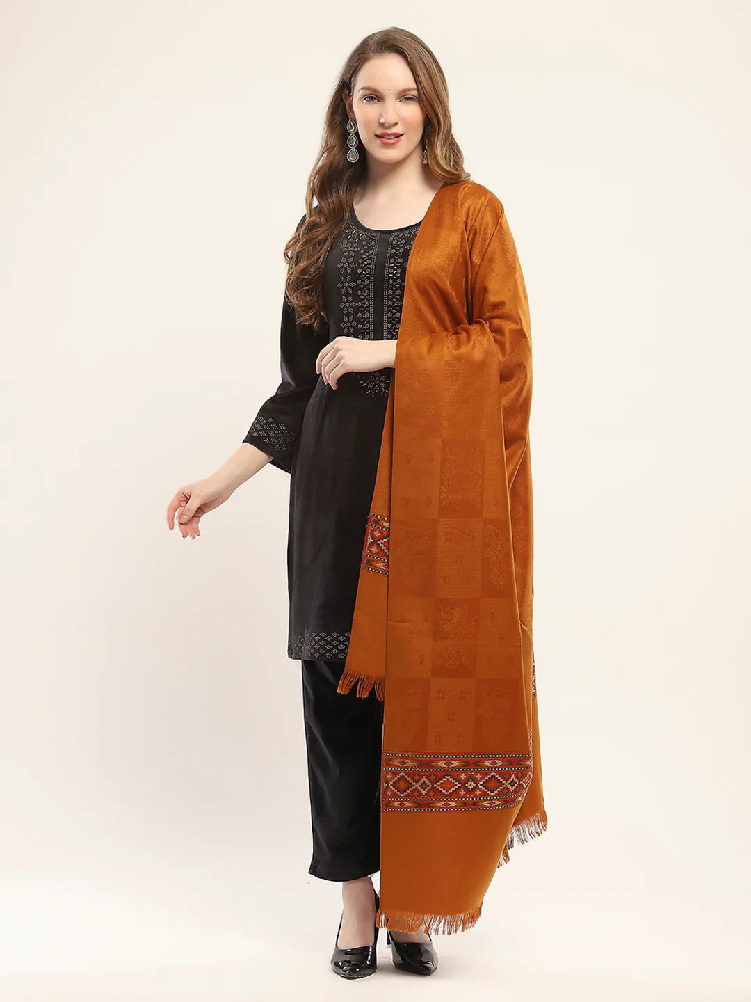 Women Mustard Self Design Shawl