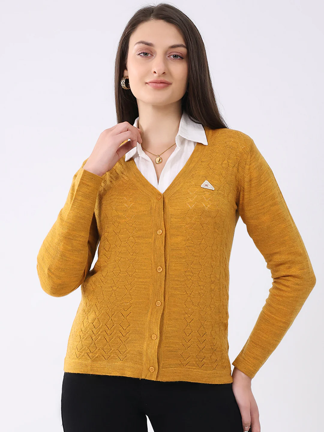 Women Mustard Solid V Neck Full Sleeve Cardigan