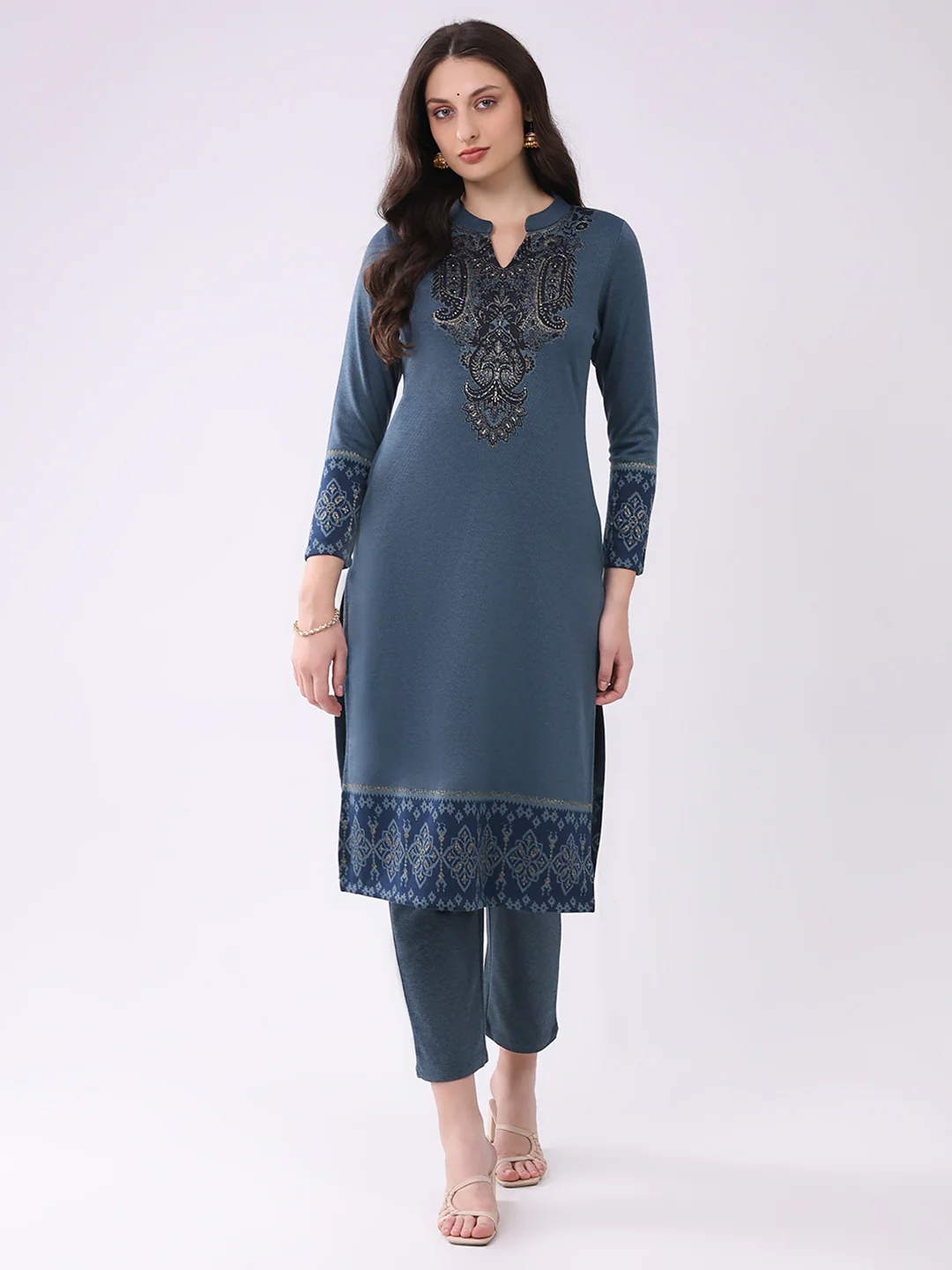 Women Navy Blue Printed Round Neck Full Sleeve Kurti Set for Winter