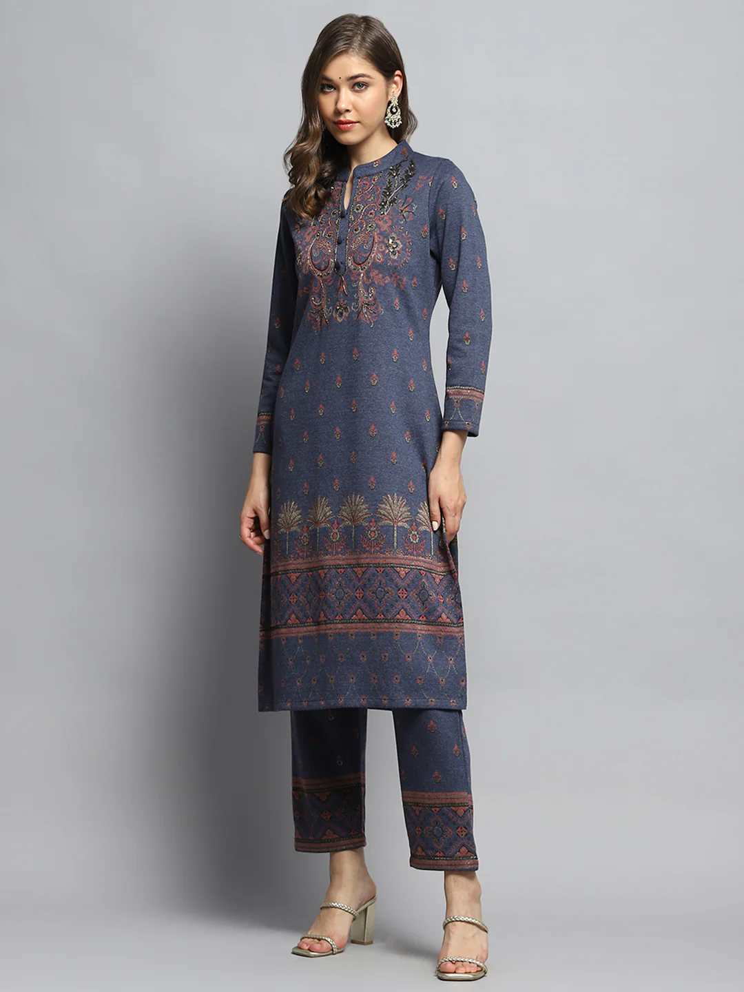 Women Navy Blue Self Design Mandarin Collar Full Sleeve Kurti Set - Image 3