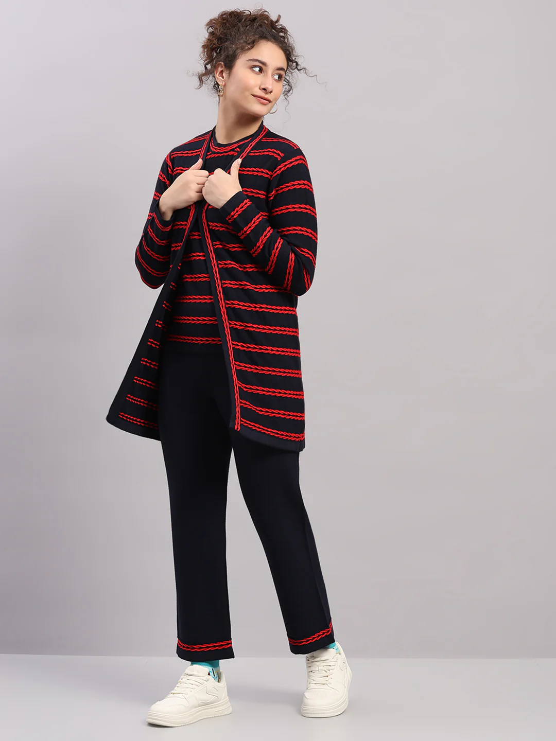 Women Navy Blue Self Design Round Neck Full Sleeve Cords Set - Image 3