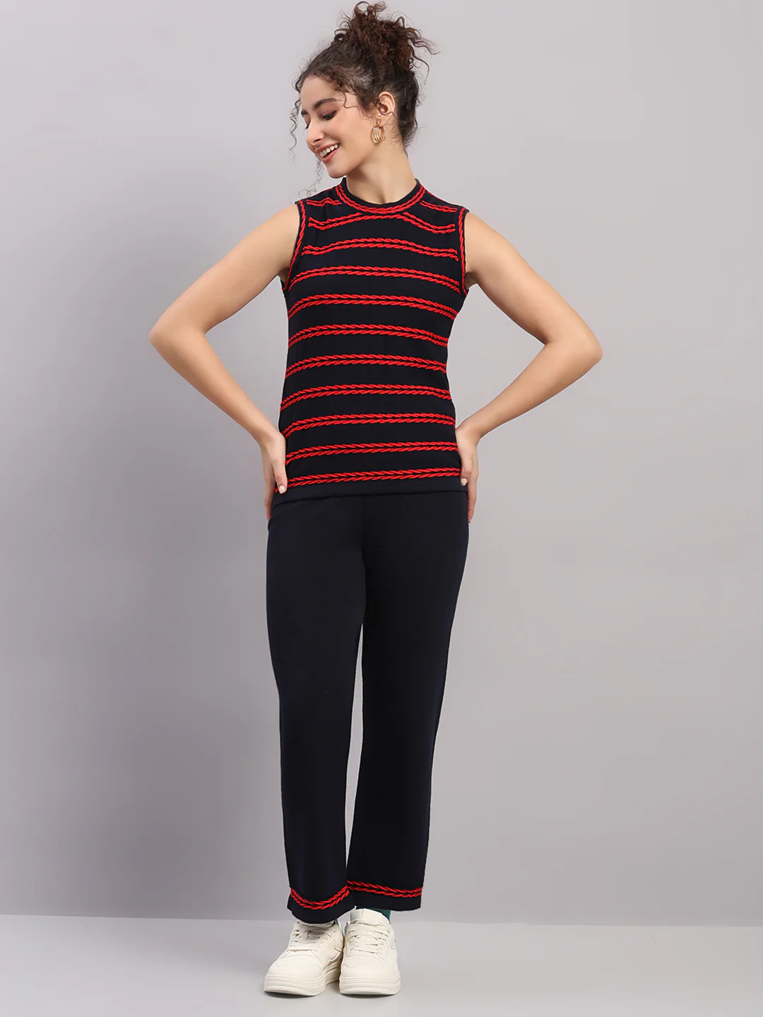 Women Navy Blue Self Design Round Neck Full Sleeve Cords Set - Image 6