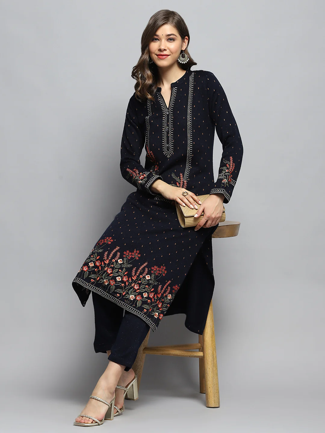 Women Navy Blue Self Design Round Neck Full Sleeve Kurti Set - Image 2