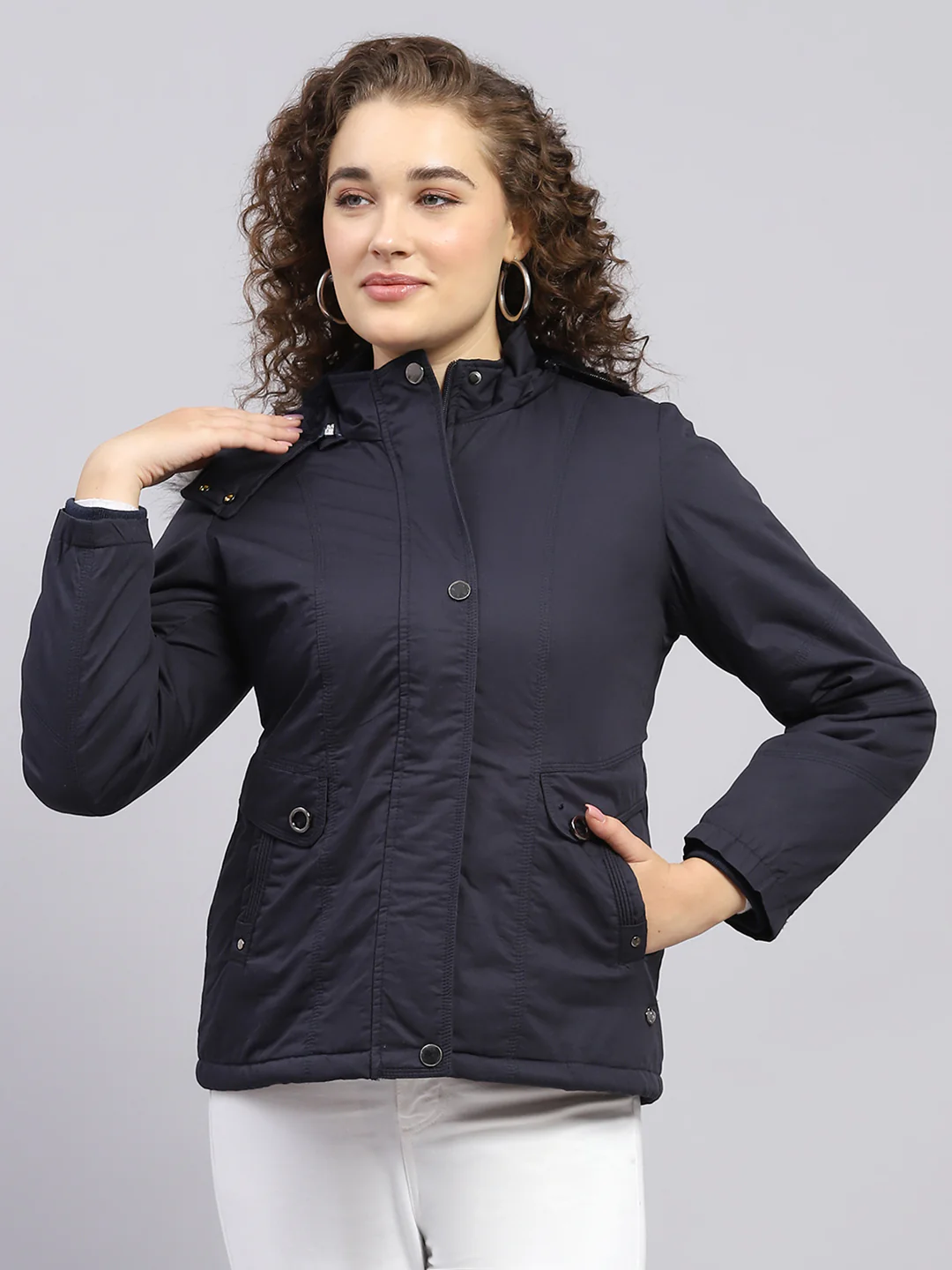 Women Navy Blue Solid Hooded Full Sleeve Jacket