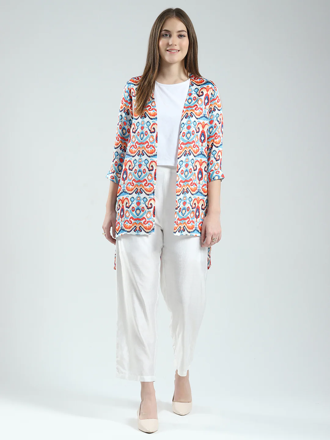 Women Off White Printed Round Neck Sleeveless 3 Pcs Cords Set