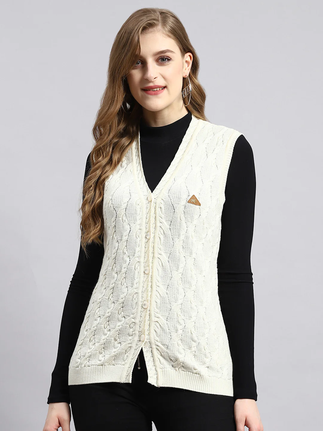 Women Off White Self Cardigan