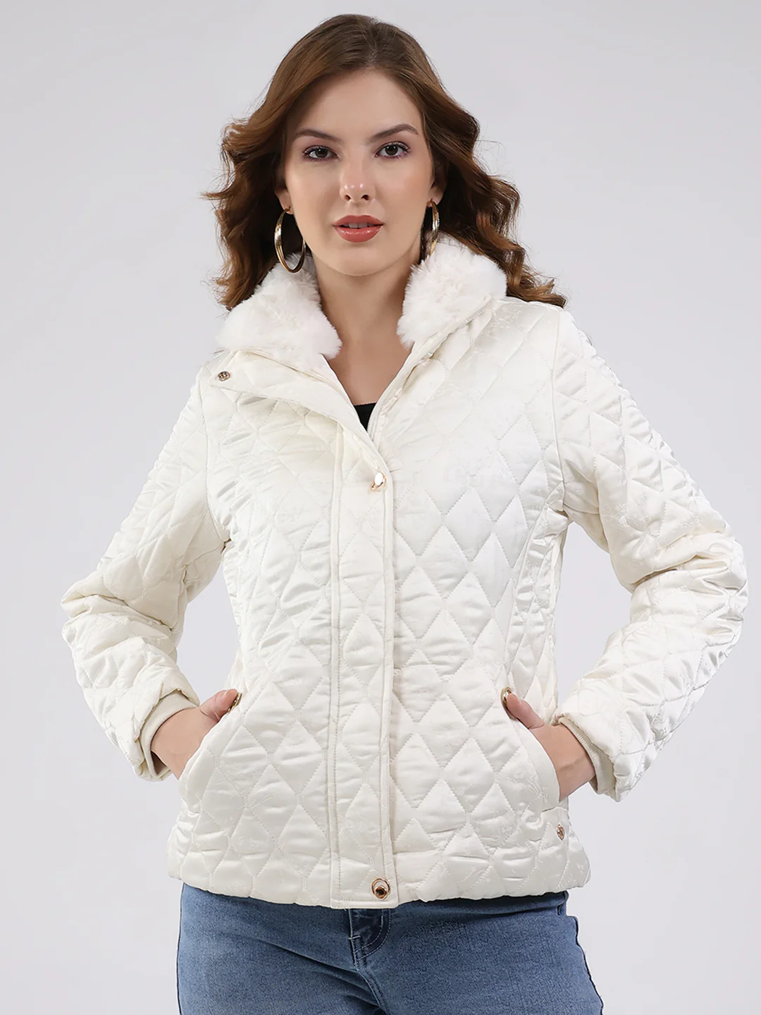 Women Off White Self Design Collar Full Sleeve Jacket