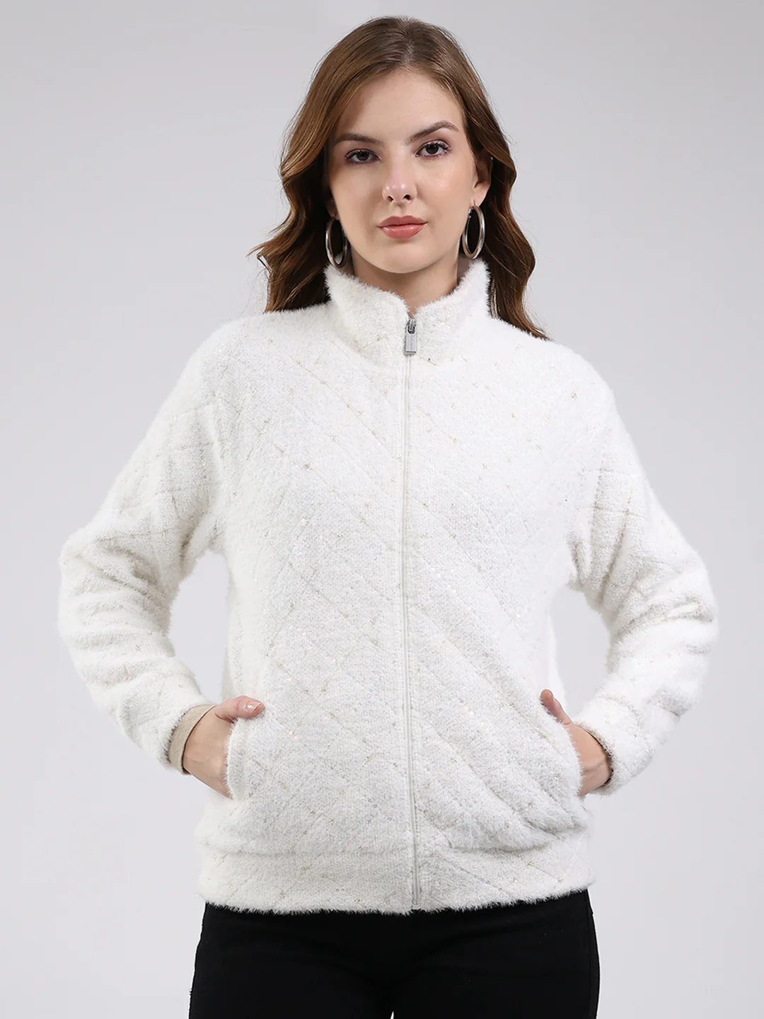 Women Off White Self Design Mock Neck Full Sleeve Sweatshirt