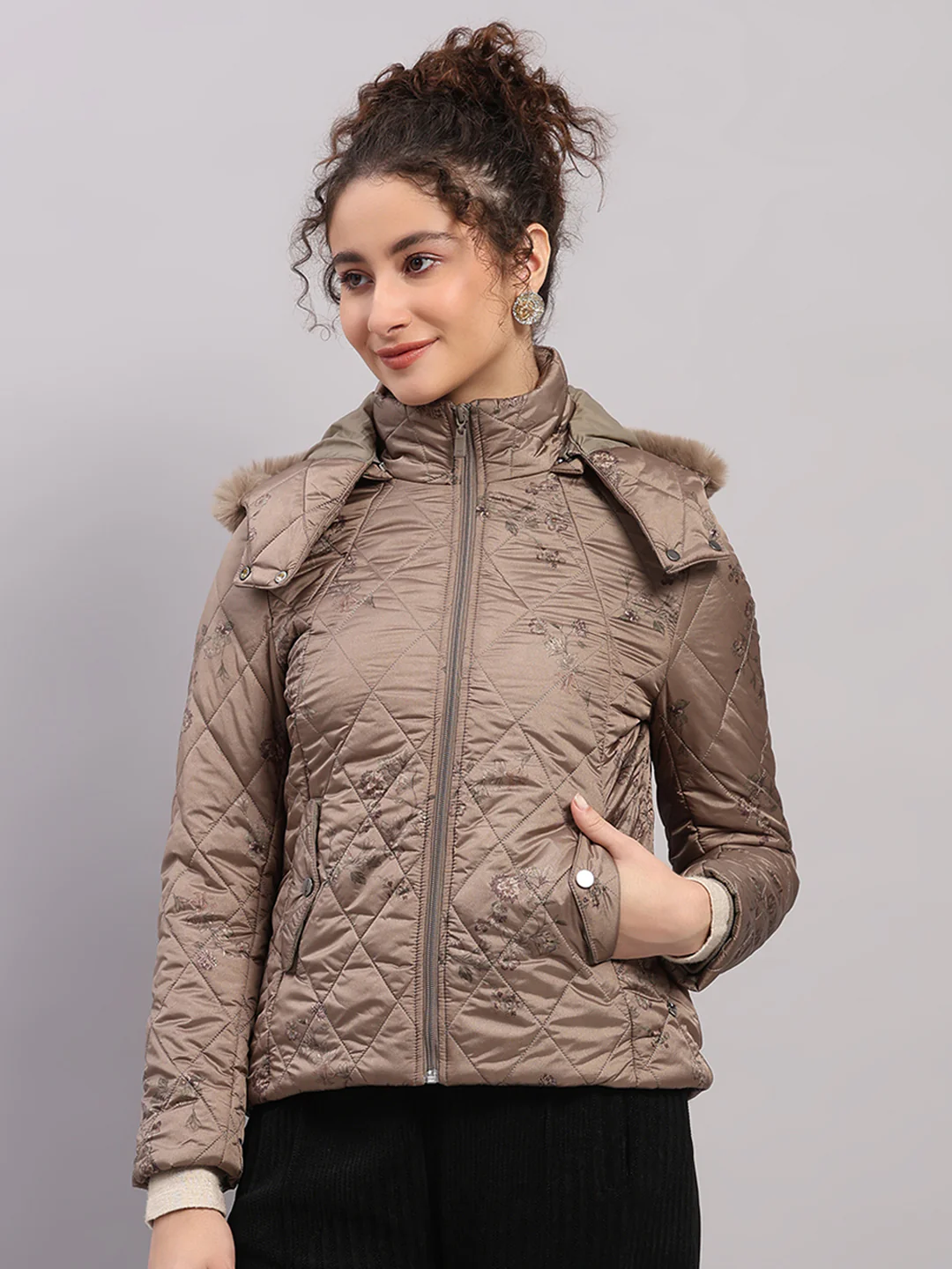 Women Olive Printed Hooded Full Sleeve Jacket