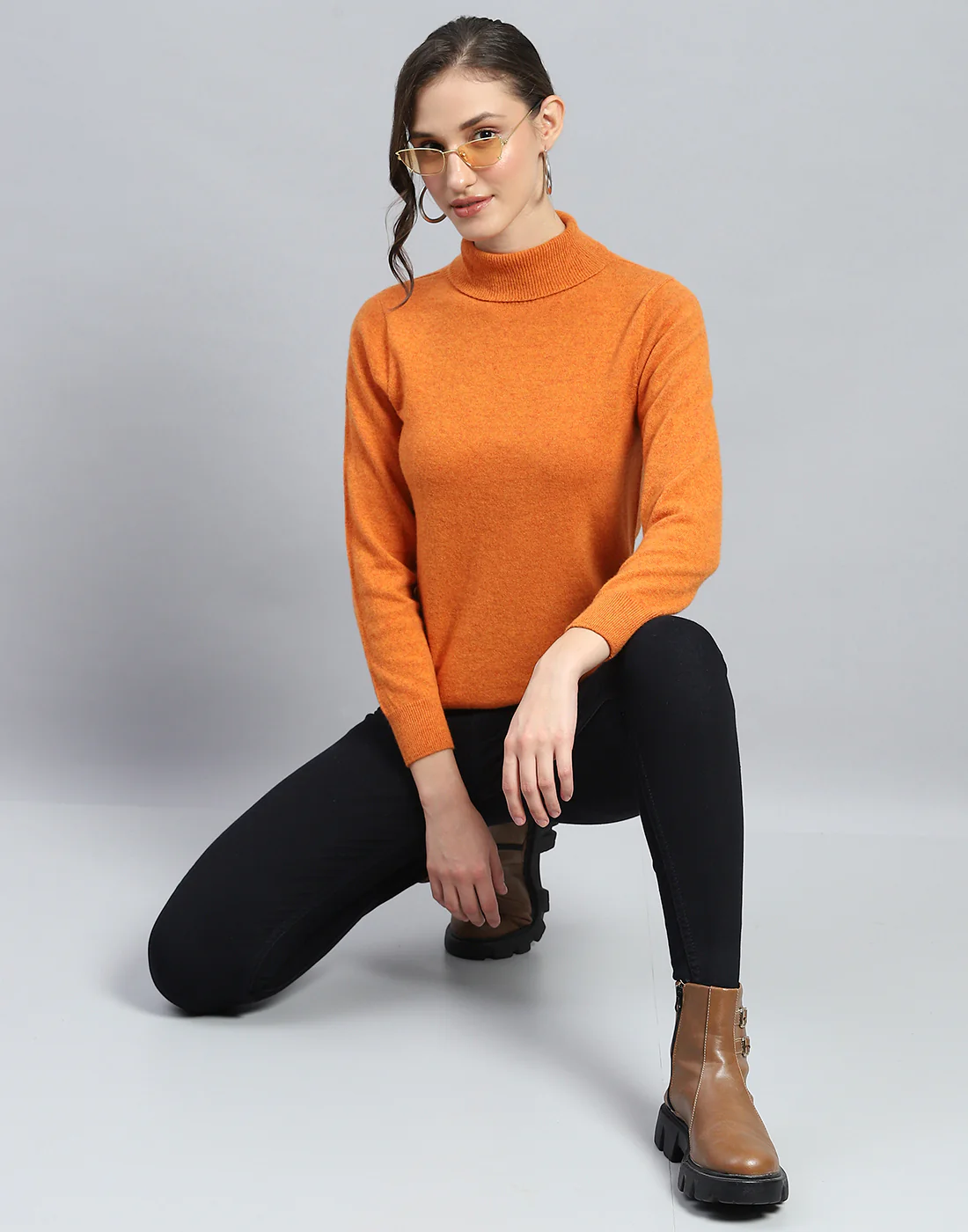 Women Orange Solid Turtle Neck Full Sleeve Winter Top