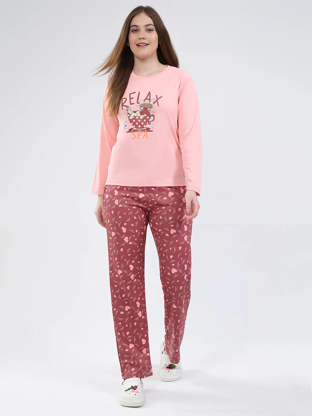 Women Peach Printed Round Neck Full Sleeve Lower Set