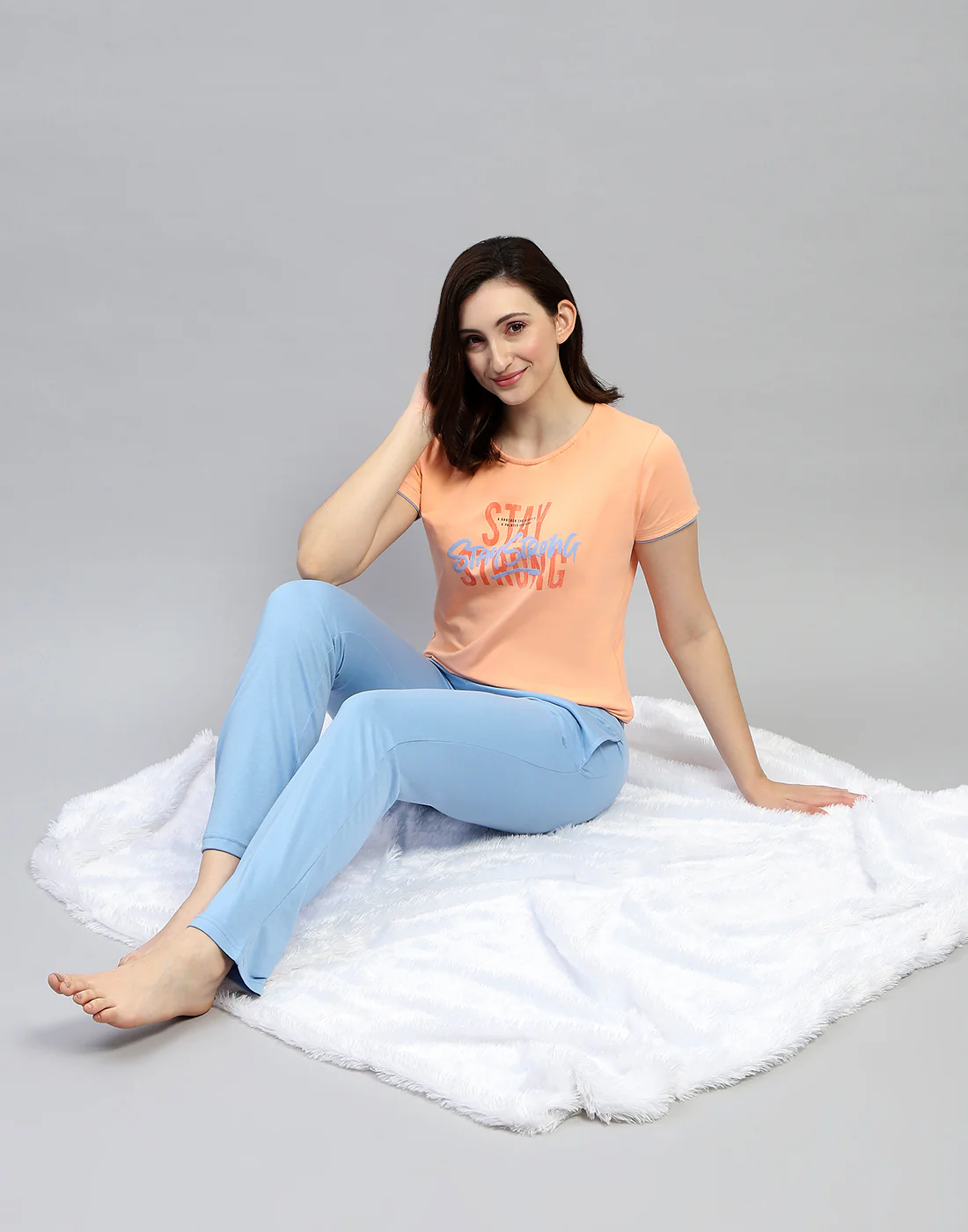 Women Peach Printed Round Neck Half Sleeve Lower Set