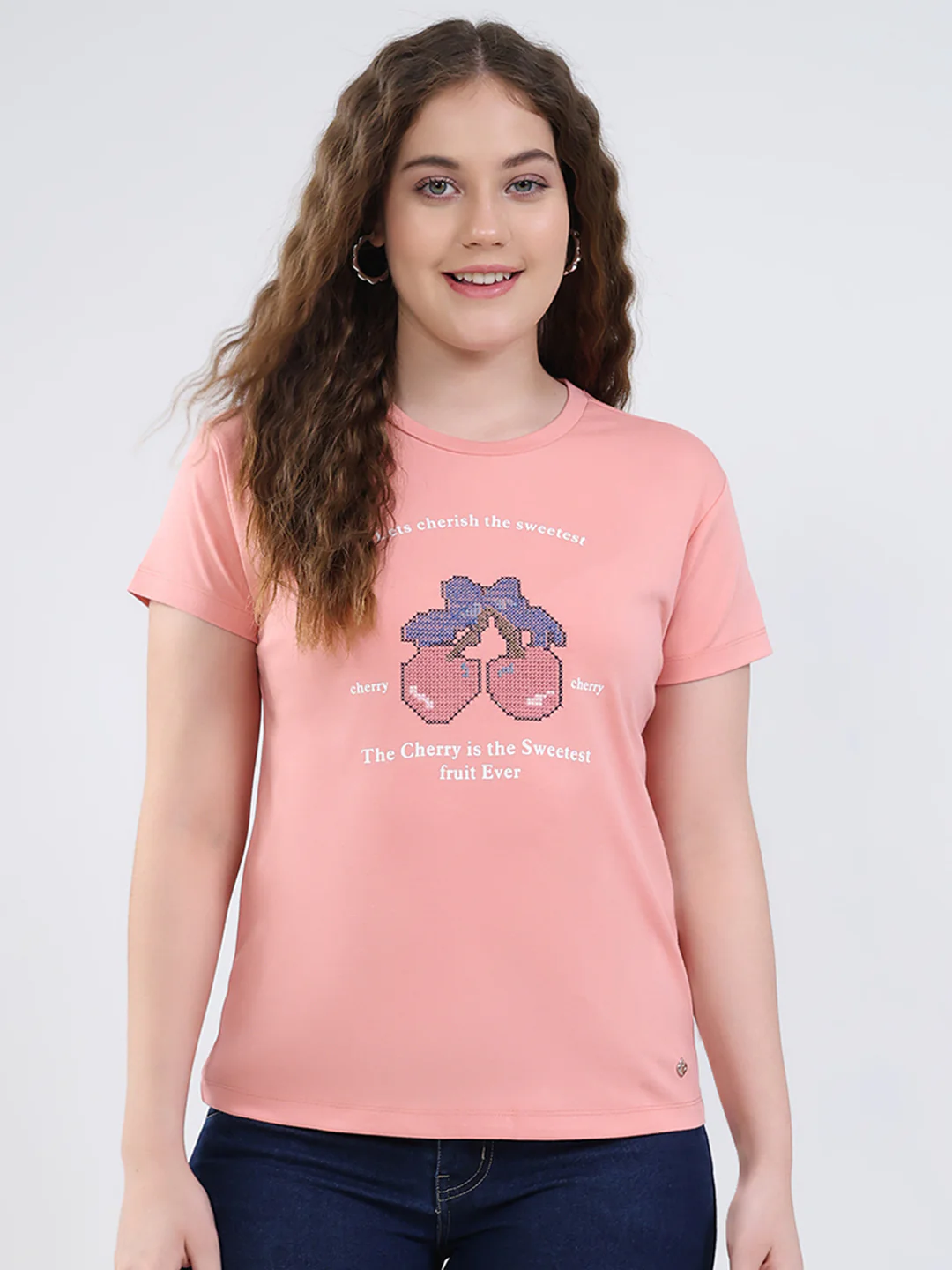 Women Peach Printed Round Neck Half Sleeve Top