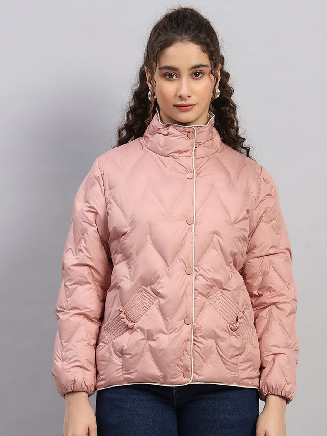 Women Peach Self Design Collar Full Sleeve Jacket