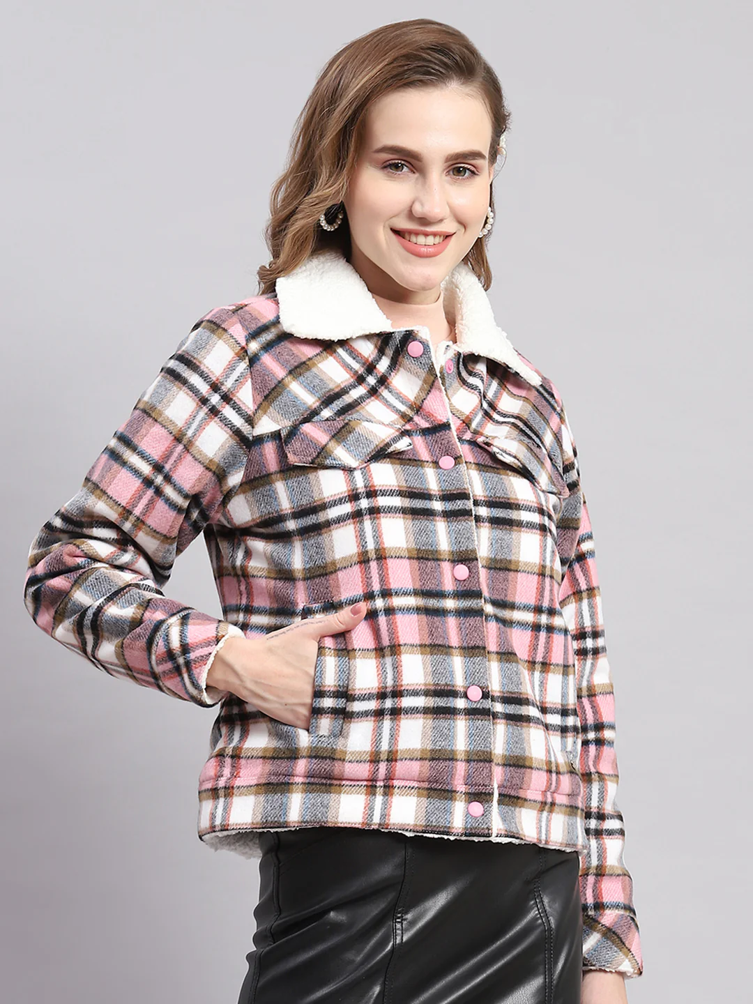 Women Pink Check Spread Collar Full Sleeve Jackets