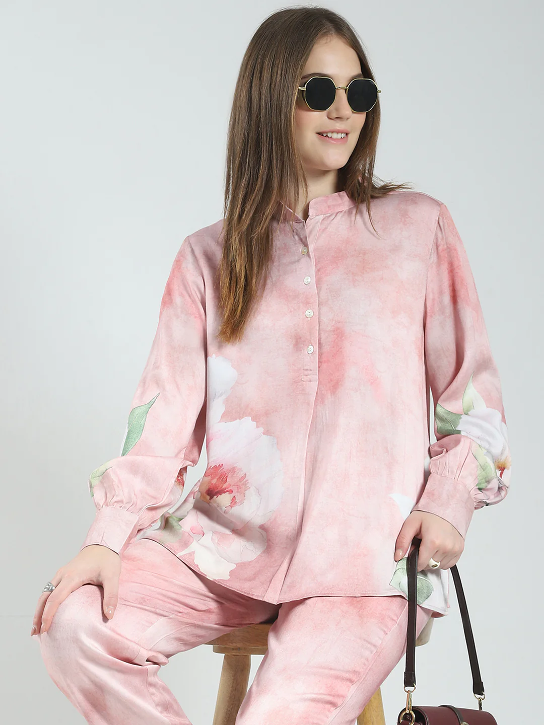 Women Pink Printed Band Neck Full Sleeve Cords Set - Image 6