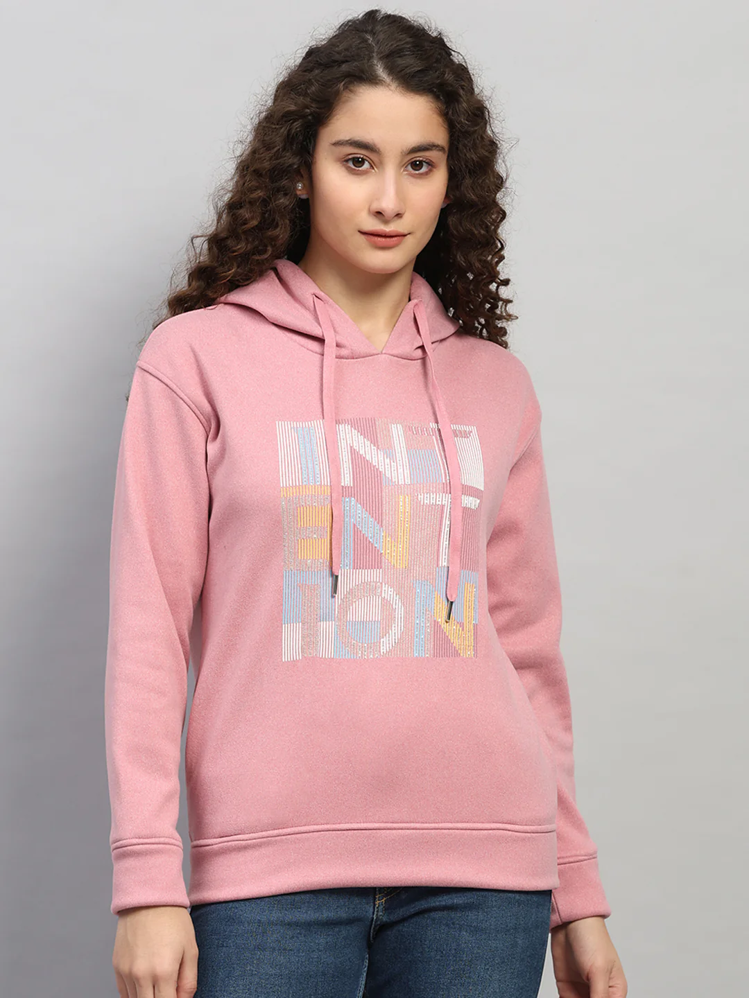 Women Pink Printed Hooded Full Sleeve Sweatshirt
