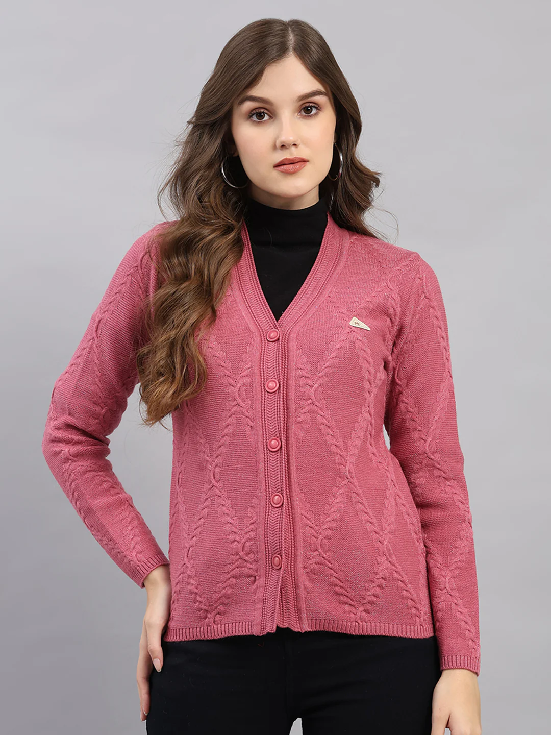 Women Pink Printed V Neck Full Sleeve Cardigan