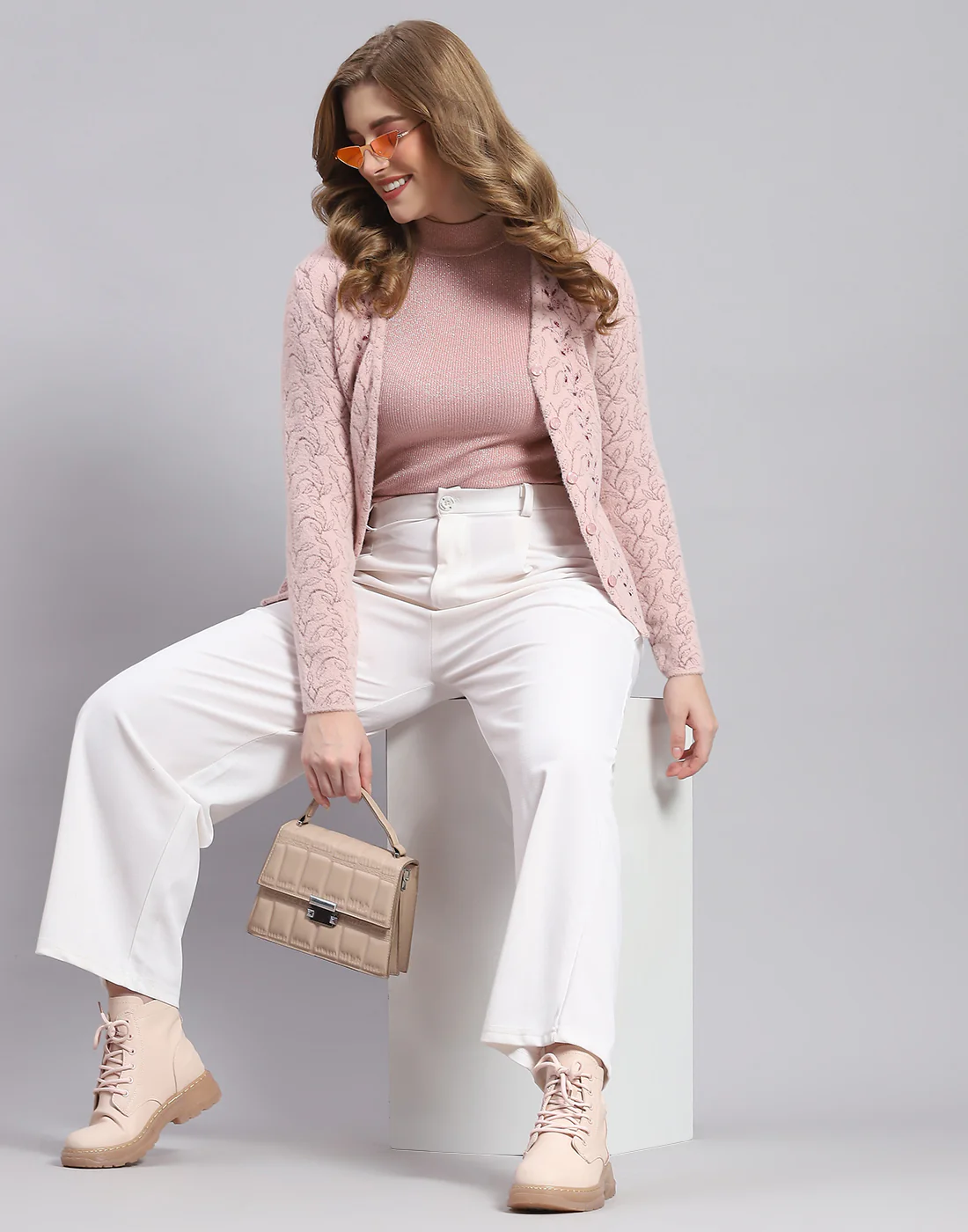 Women Pink Self Design V Neck Full Sleeve Sweater