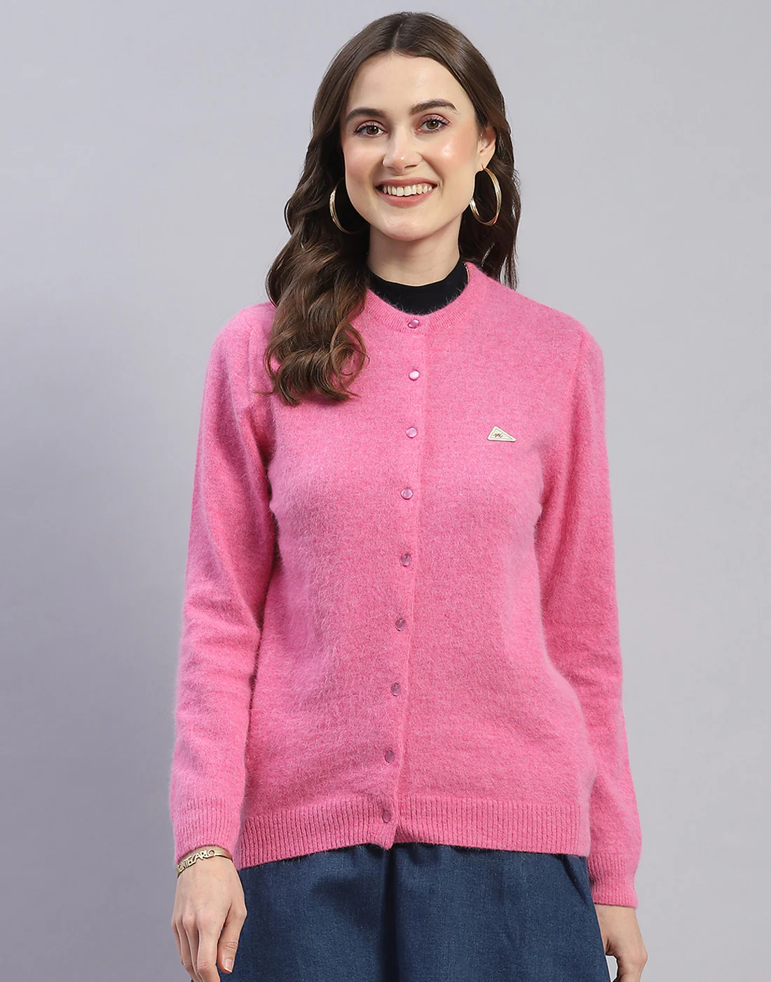 Women Pink Solid Round Neck Full Sleeve Cardigan