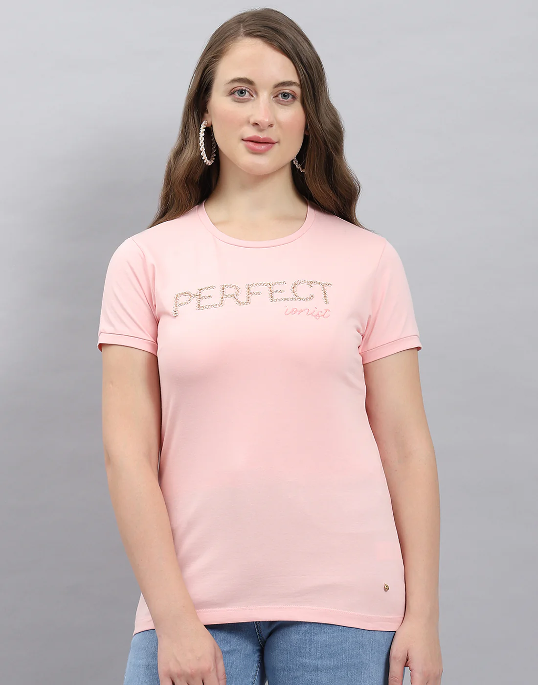 Women Pink Solid Round Neck Half Sleeve Top - Image 2