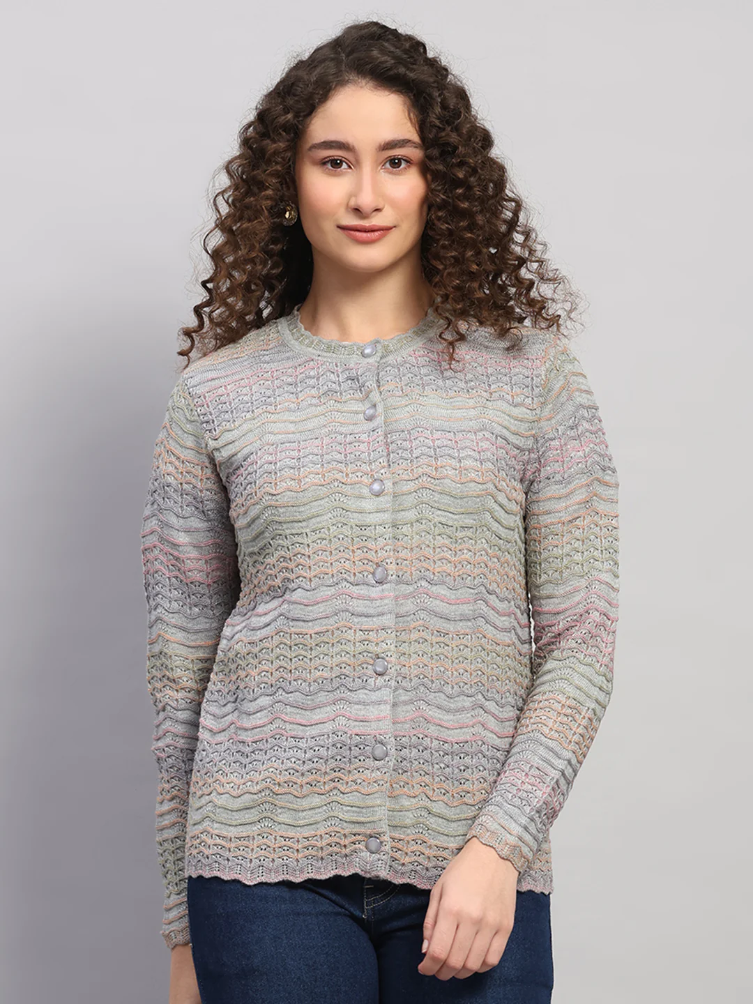 Women Purple Jaquard Round Neck Full Sleeve Cardigan