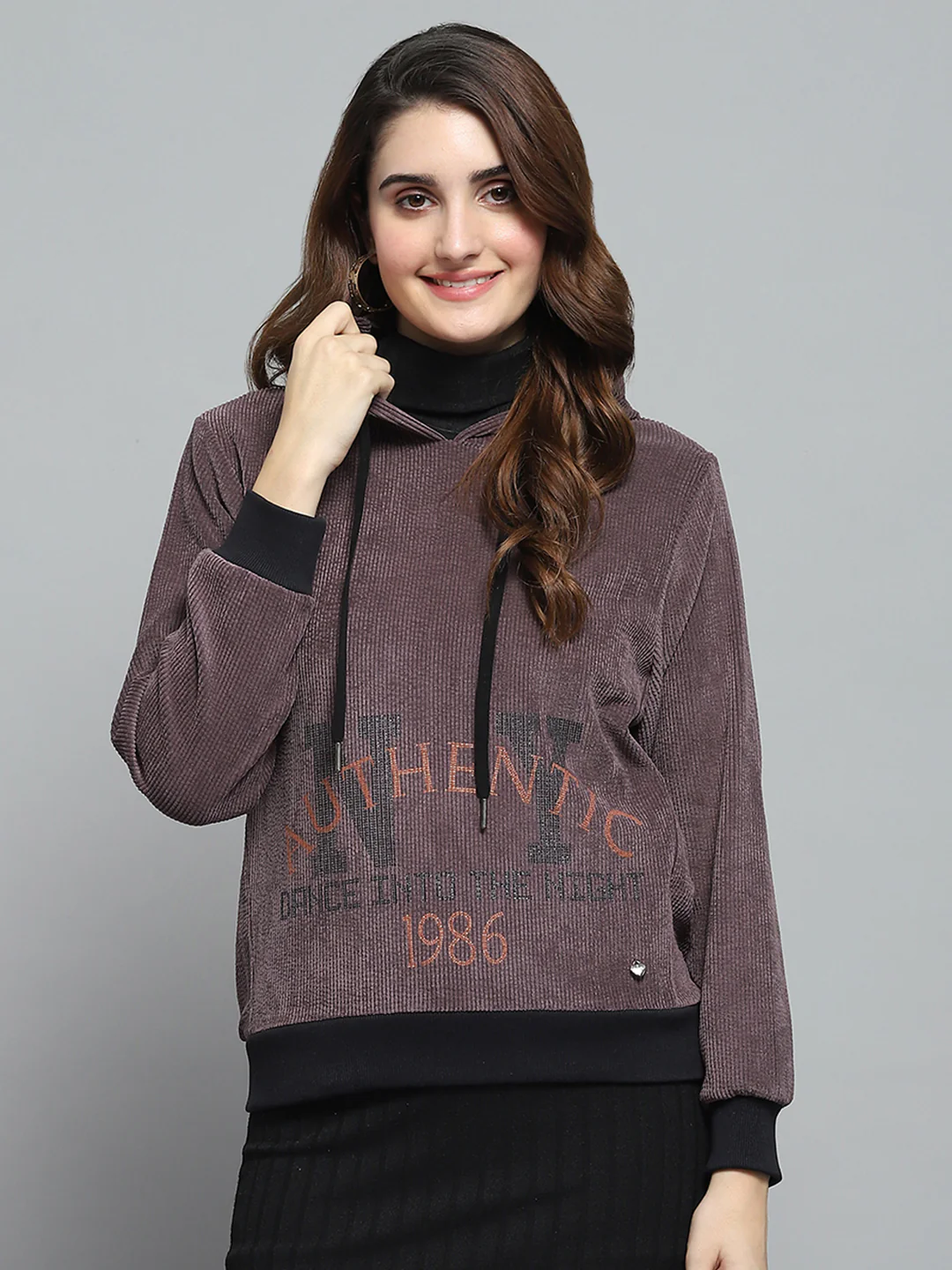 Women Purple Printed Hooded Full Sleeve Sweatshirt