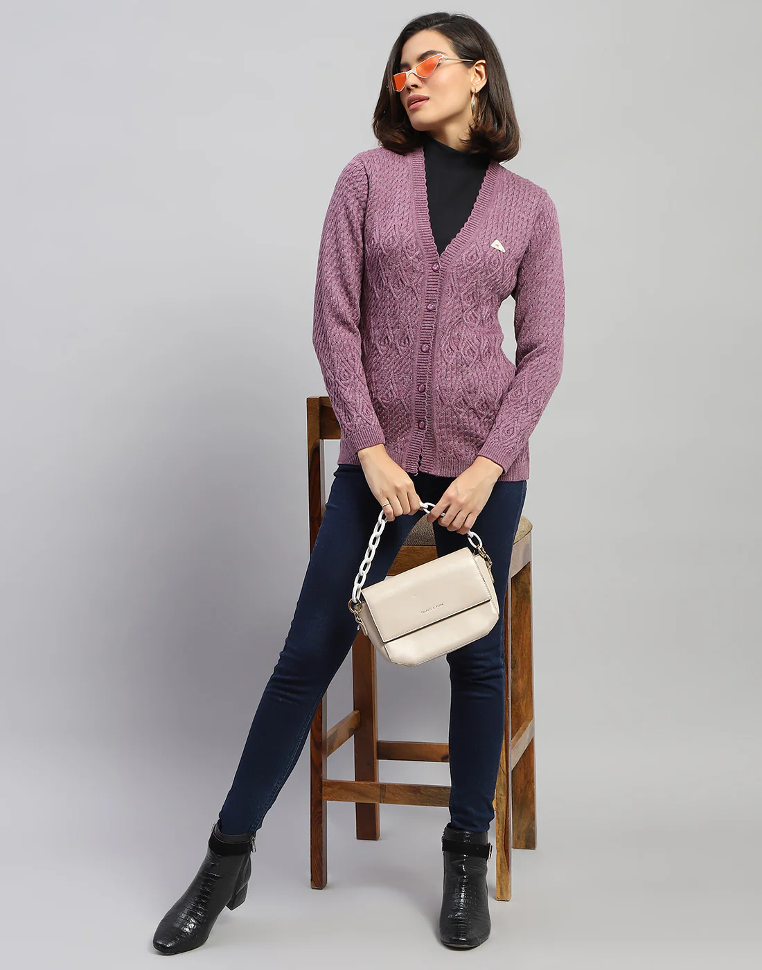 Women Purple Self Design V Neck Full Sleeve Cardigan