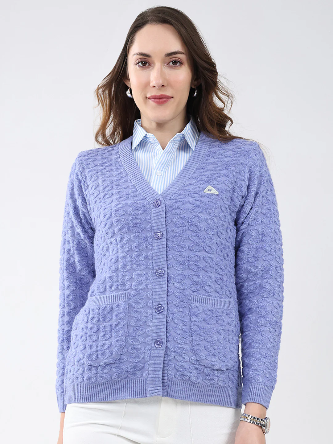 Women Purple Self Design V Neck Full Sleeve Cardigan