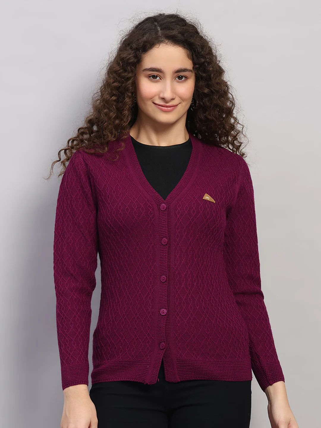 Women Purple Self Design V Neck Full Sleeve Cardigan