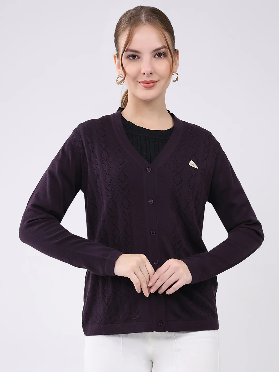Women Purple Self Design V Neck Full Sleeve Cardigan