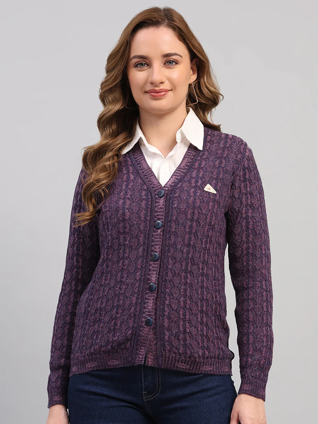 Women Purple Self Design V Neck Full Sleeve Cardigan