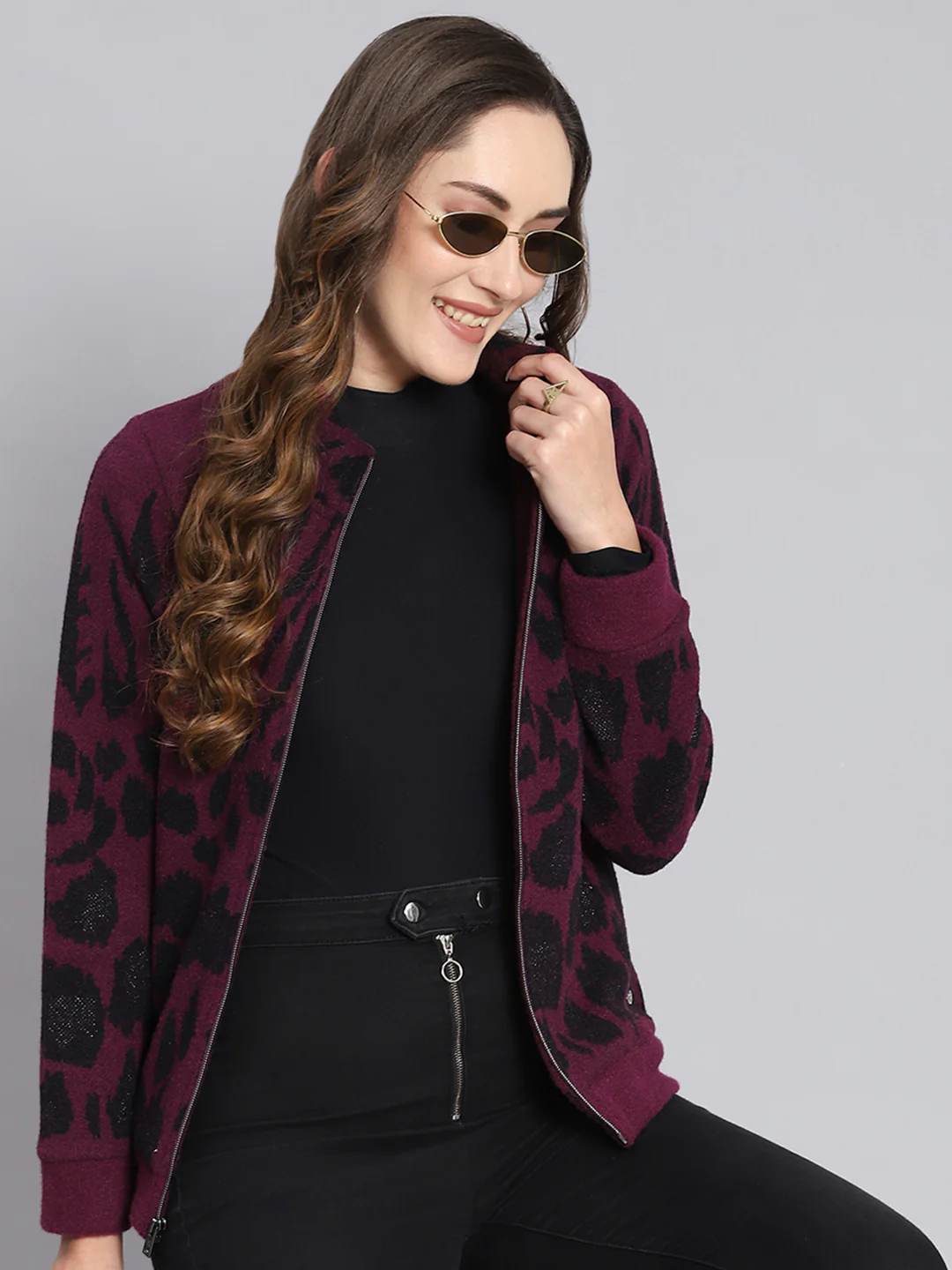 Women Purple Self Design F Neck Full Sleeve Sweatshirts