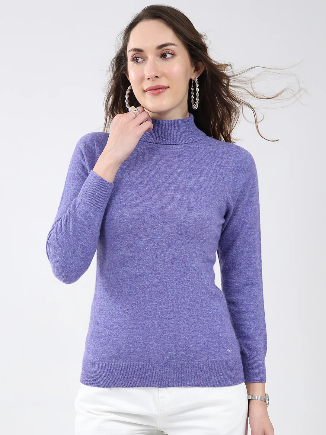 Women Purple Solid High Neck Full Sleeve Winter Top