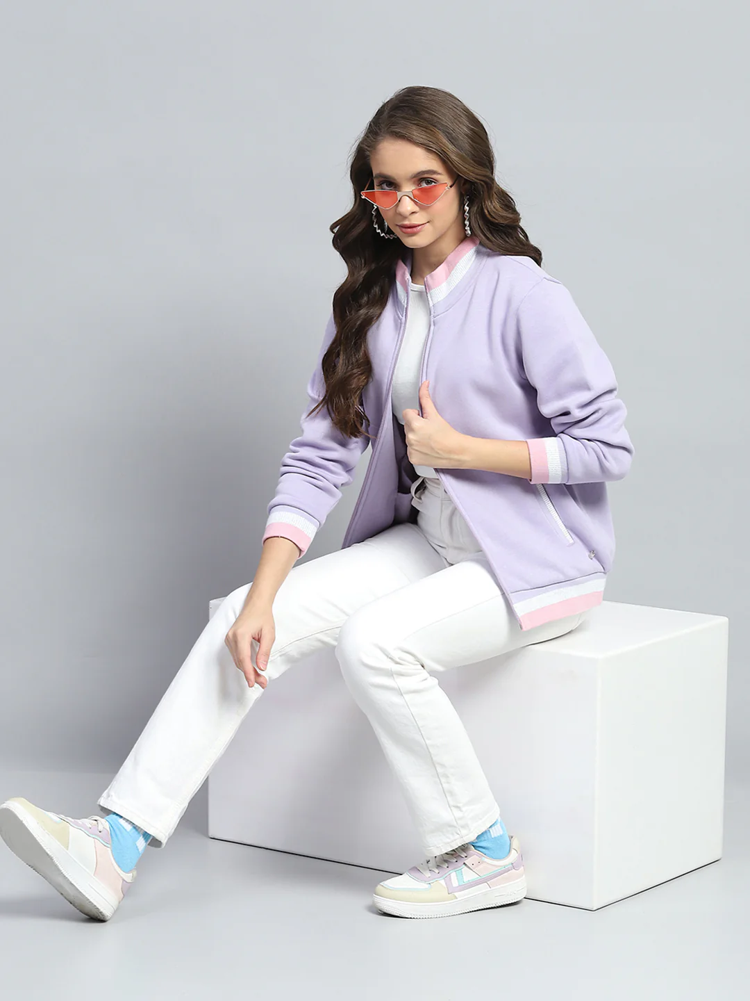 Women Purple Solid Mock Neck Full Sleeve Sweatshirt